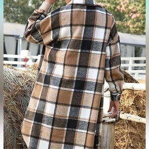 NWT Lounge Lapel Button Down Plaid Jacket Long Shirt Shacket Flannel Trench Coat